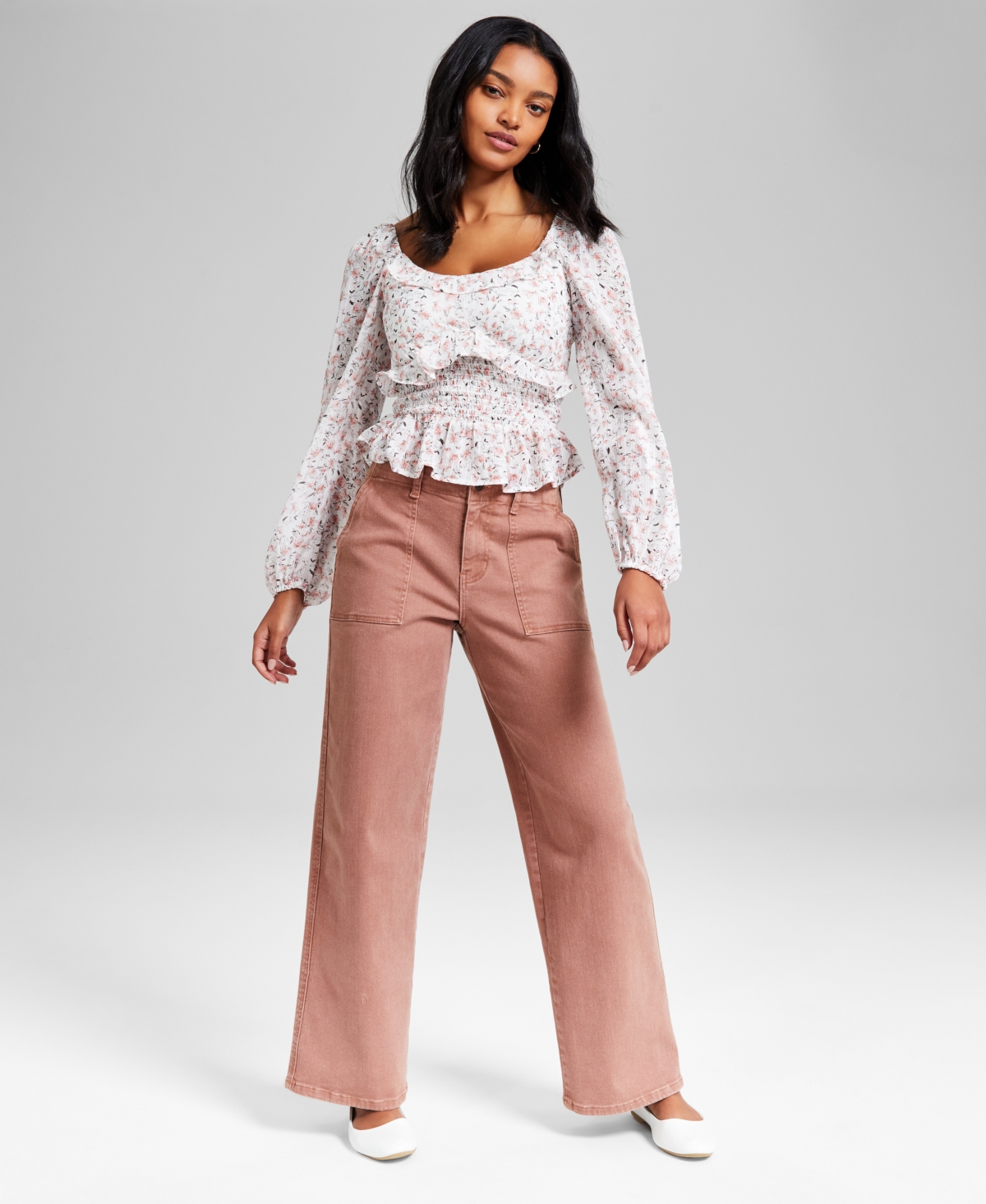And Now This Women's Printed Ruffle-trim Smocked Top, Exclusively At Macy's In Pink Floral