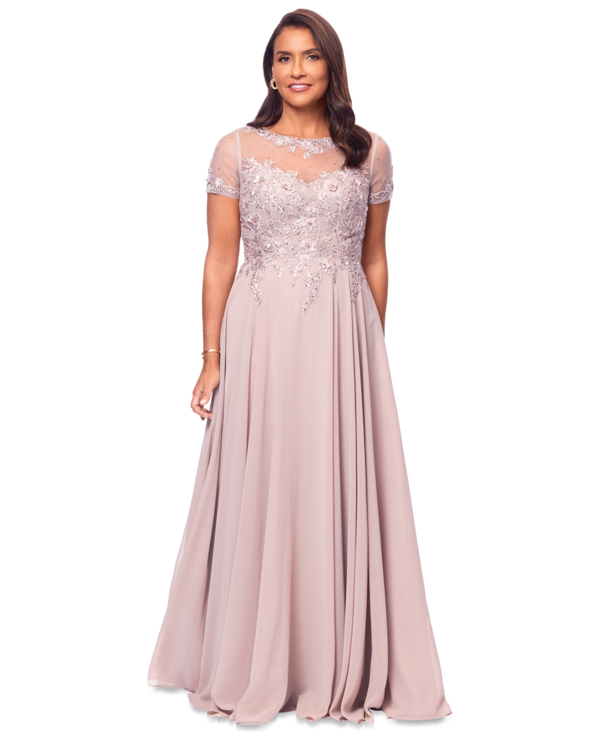 XSCAPE WOMEN'S BOAT-NECK SEQUIN MESH GOWN 