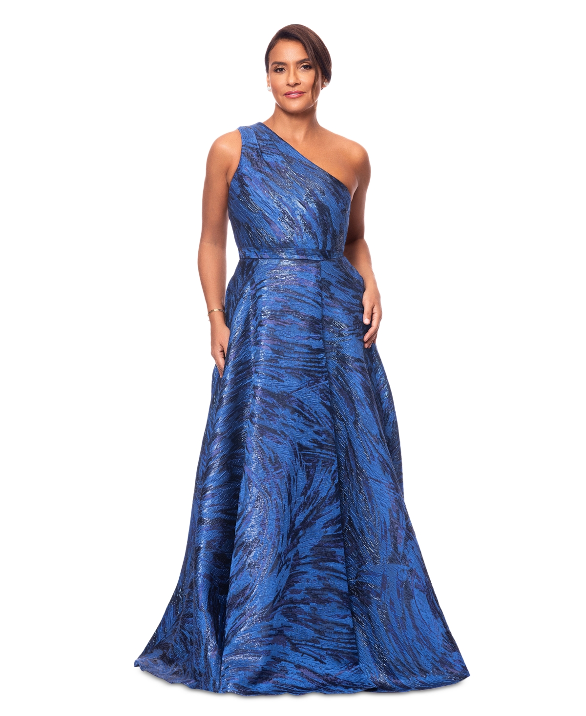 Women's One-Shoulder Metallic Jacquard Gown - Navy
