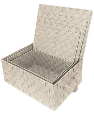 3 Pack Decorative Stackable Woven Basket with Lid and Built-in Rope Carry Handles - Great for Storage and Organization