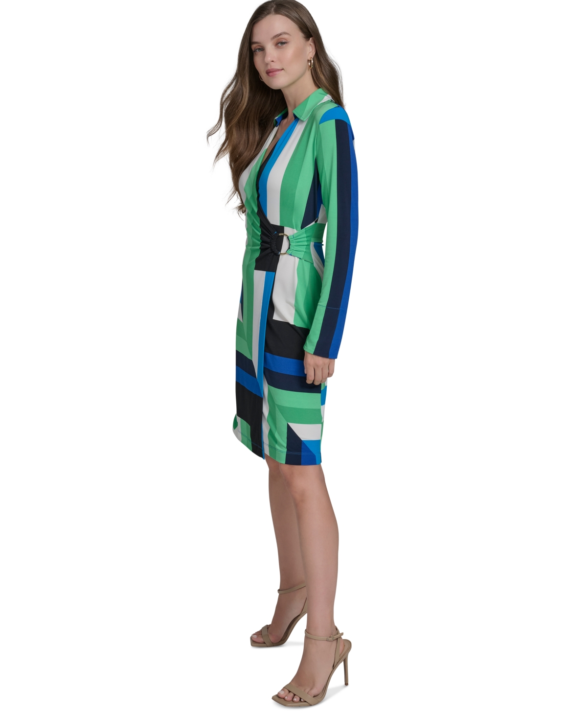 HALSTON WOMEN'S PRINTED FAUX-WRAP LONG-SLEEVE SHEATH DRESS 