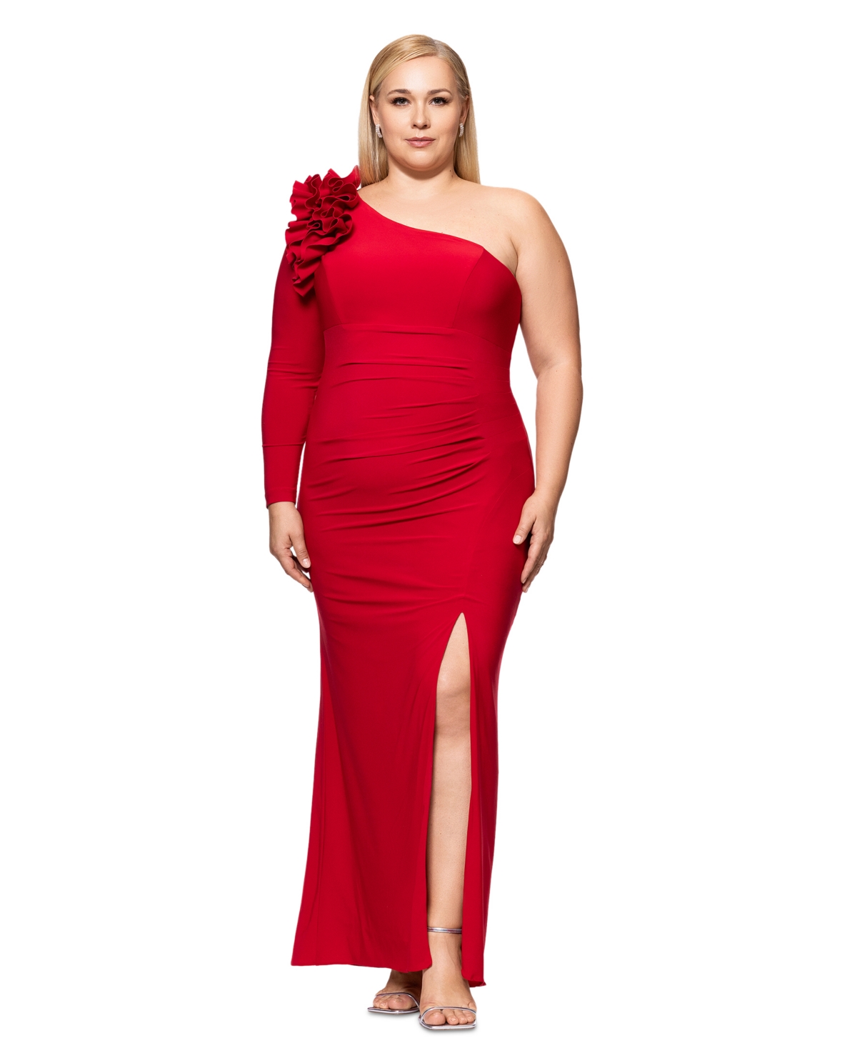 Plus Size Ruffled One-Shoulder Jersey Gown - Red