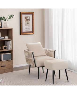 Modern Dutch Velvet Accent Chair and Ottoman Set with Weaved Back and Arms