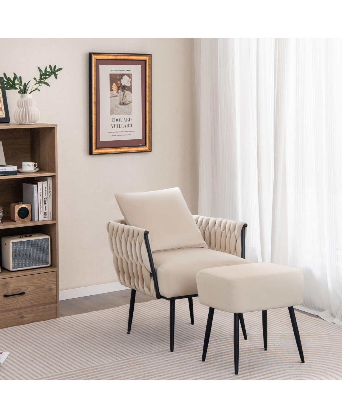 Gouun Modern Dutch Velvet Accent Chair and Ottoman Set with Weaved Back and Arms