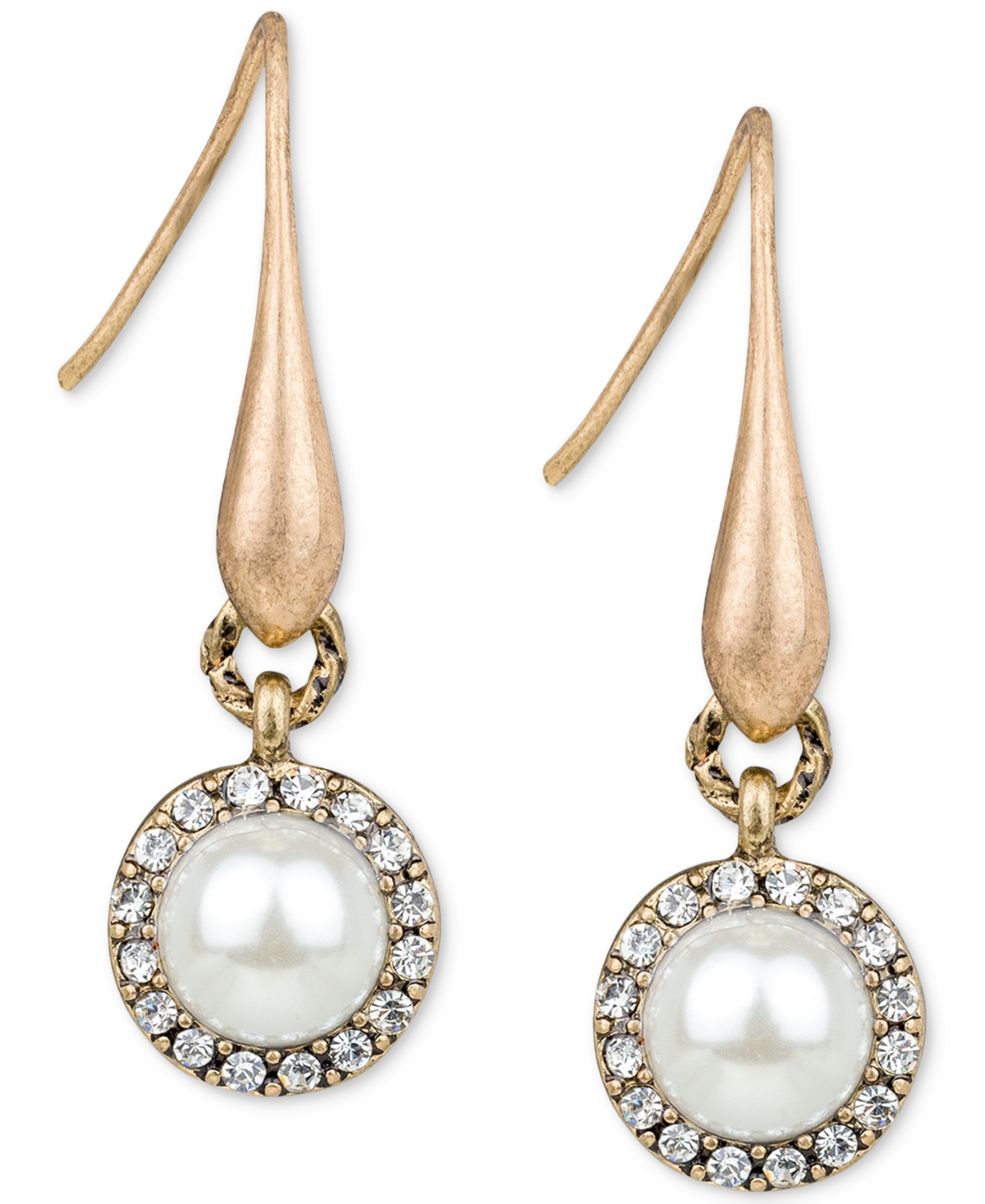 Gold-Tone Imitation Pearl & Pave Halo Drop Earrings - Antique Go