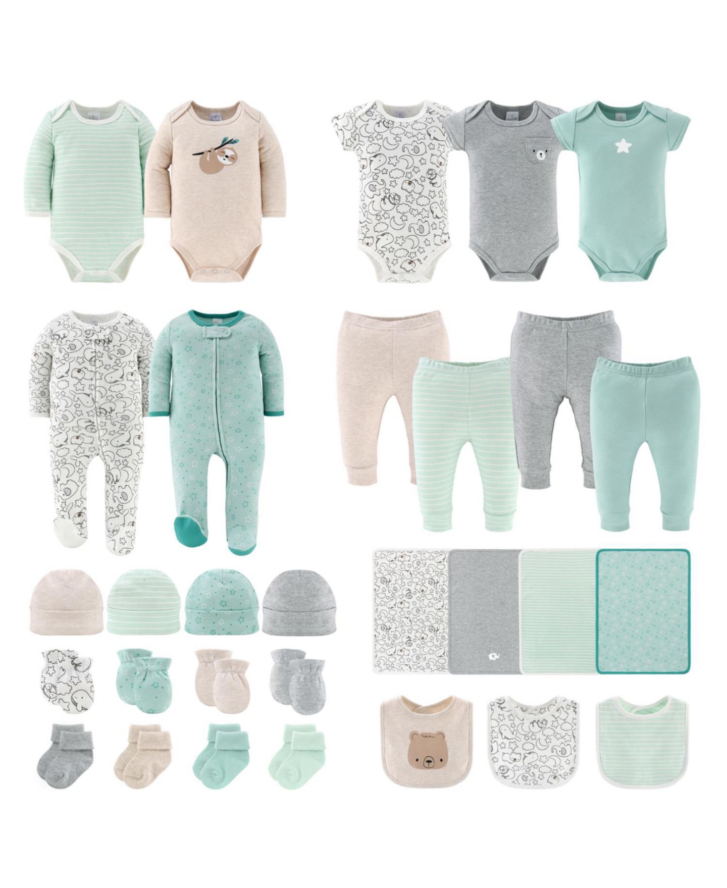 Комплекты The Peanutshell Restful Basics Newborn Layette Set Girls, 30-Pieces, Green/Grey для мальчиков-малышей, цвет: Зелёный / Серый — фото 1