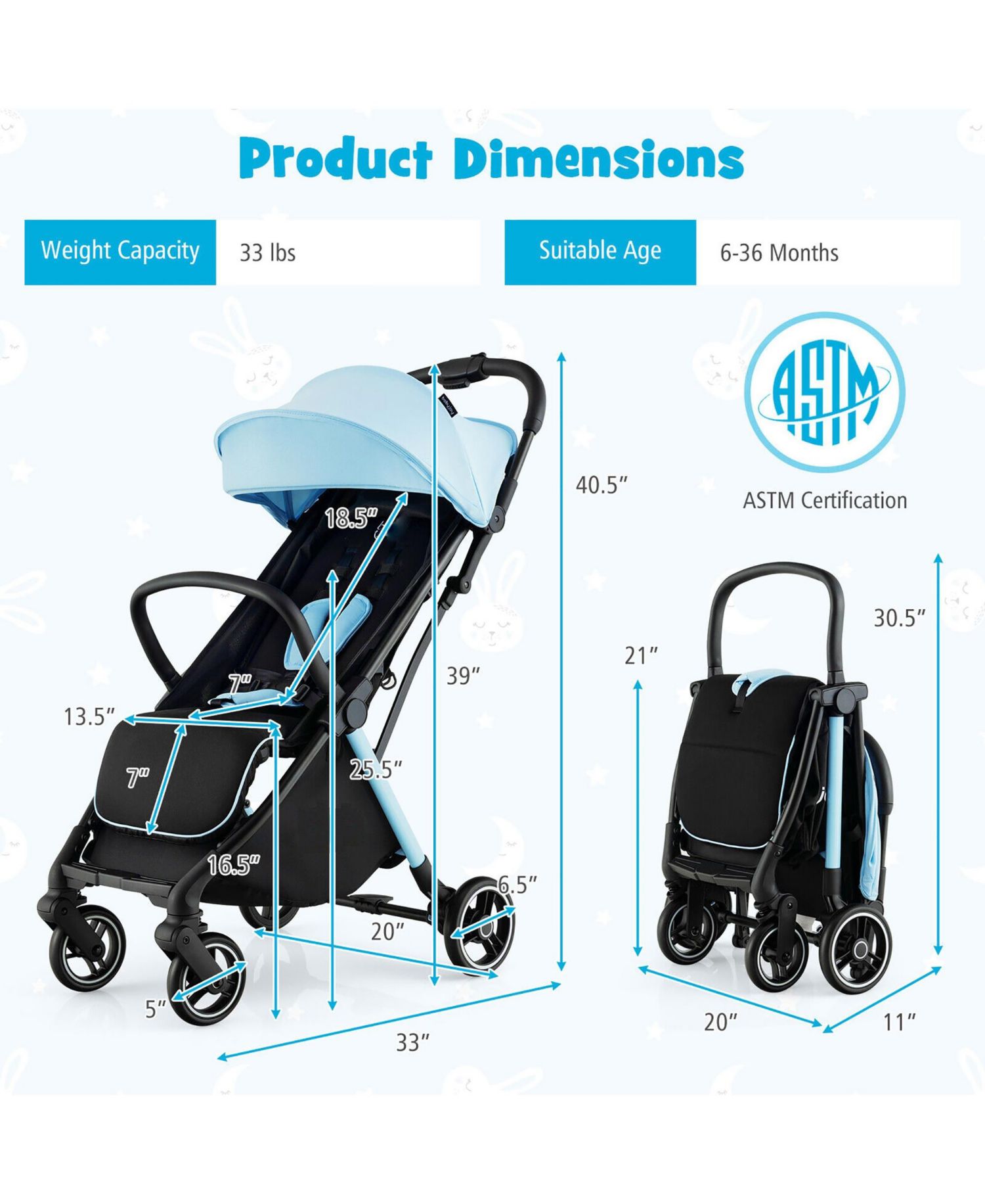 Portable Baby Stroller One-Hand Fold Pushchair W/ Aluminum Frame