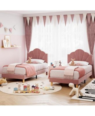 Twin Pink Bed Frame, Twin Velvet Upholstered Bed Frame with Height Adjustable Headboard, Girl Twin Bed Frame with Strong Wood Slat Support and Metal Frame, No Box Spring Needed/Noise-Free