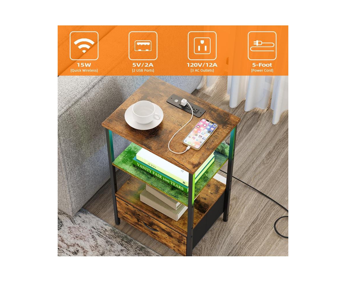 gaomon Nightstand with Charging Station and Dimmable Led Lights,Night Stand with Usb Ports & Outlets, 3-Tier Storage End Table, Bedside Tables for Bed