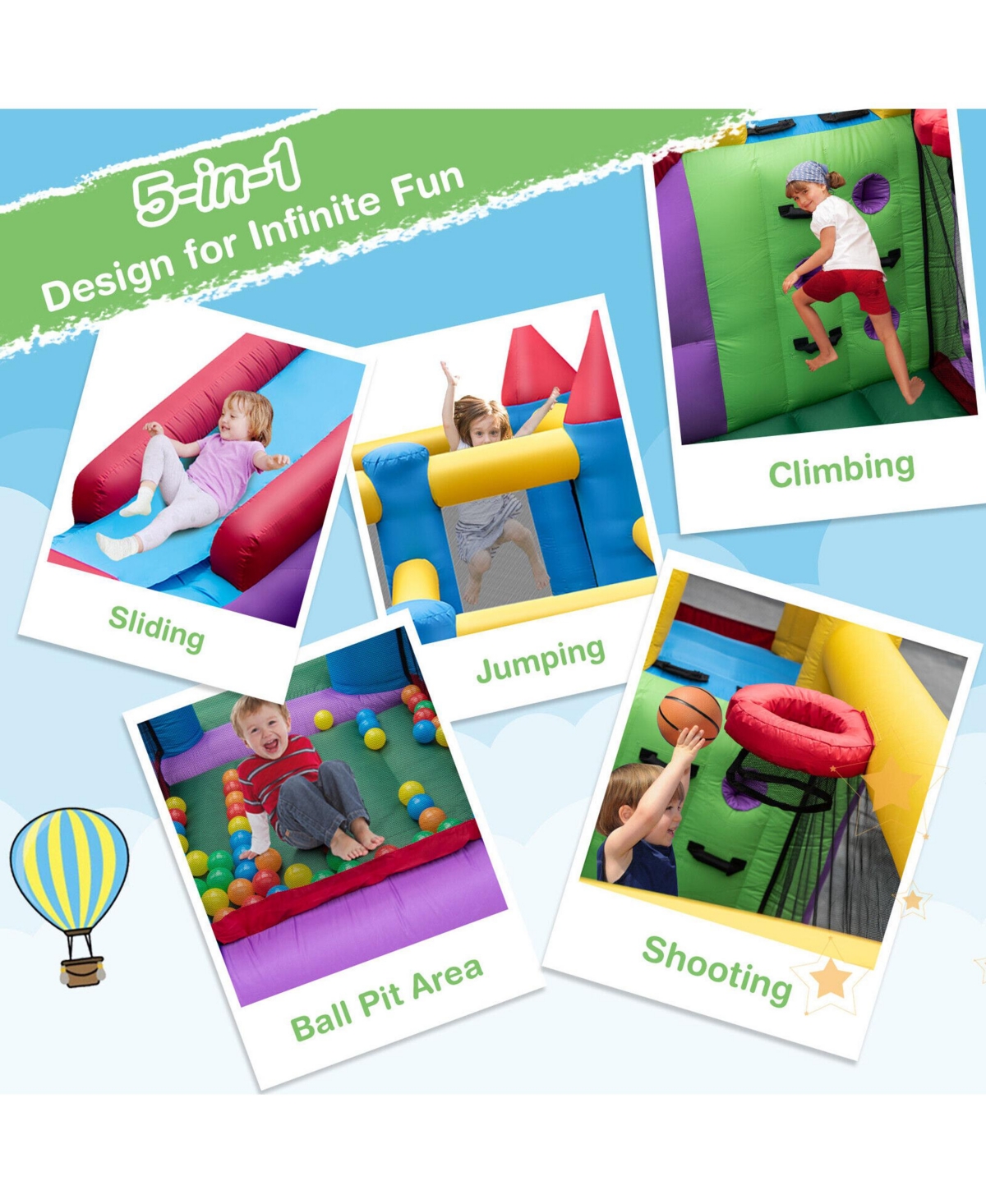 Gymax Inflatable Bounce House 5-in-1 Inflatable Bouncer Indoor & Outdoor Blower Excluded