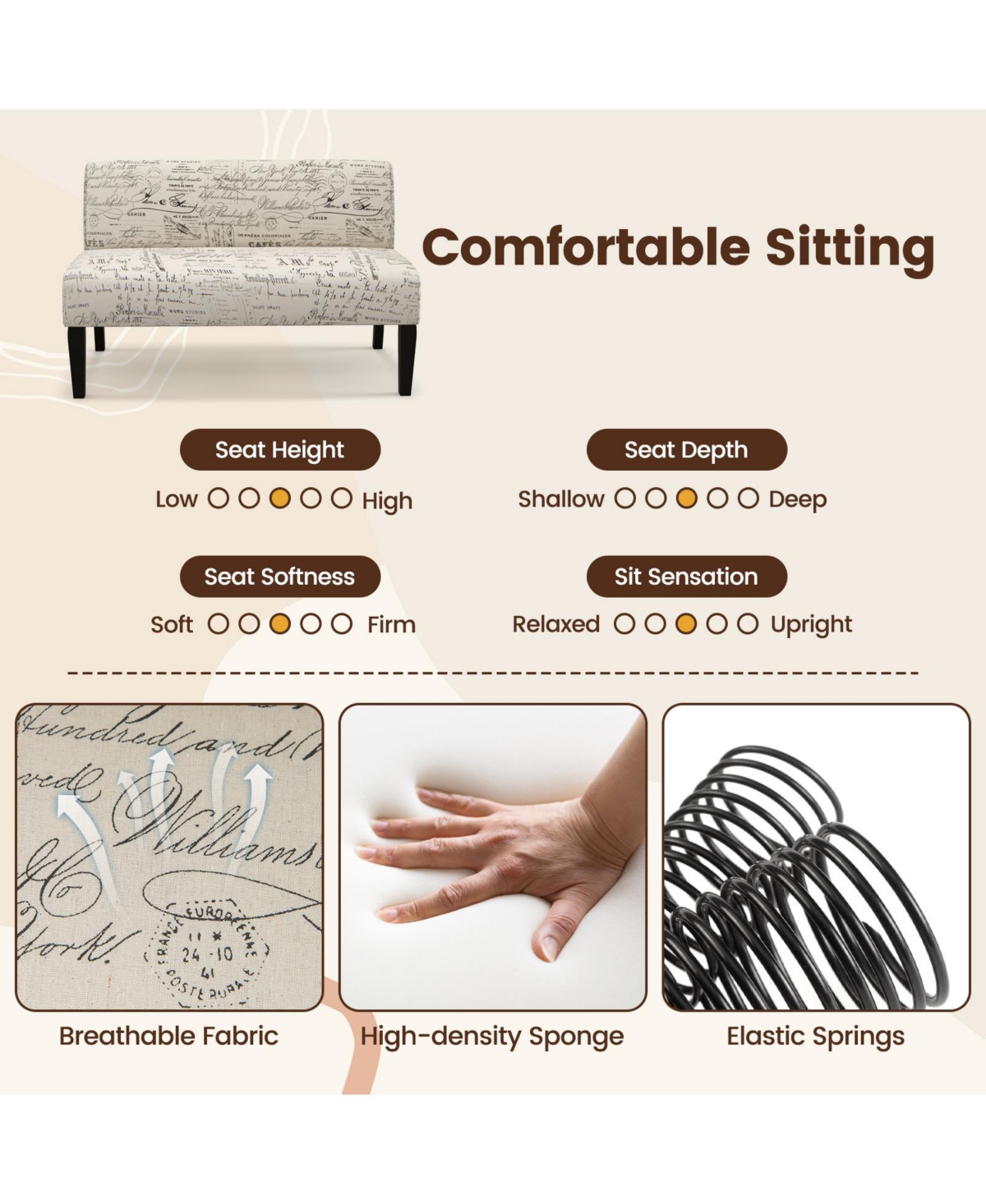 Gouun Living Room Wooden Leg Armless Loveseat Sofa
