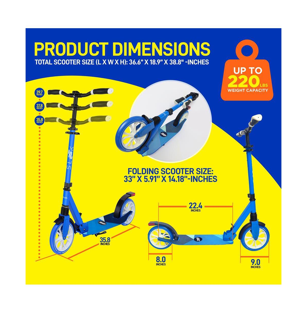 SereneLife Lightweight Foldable Kick Scooter for Adults, Adjustable Height - Blue