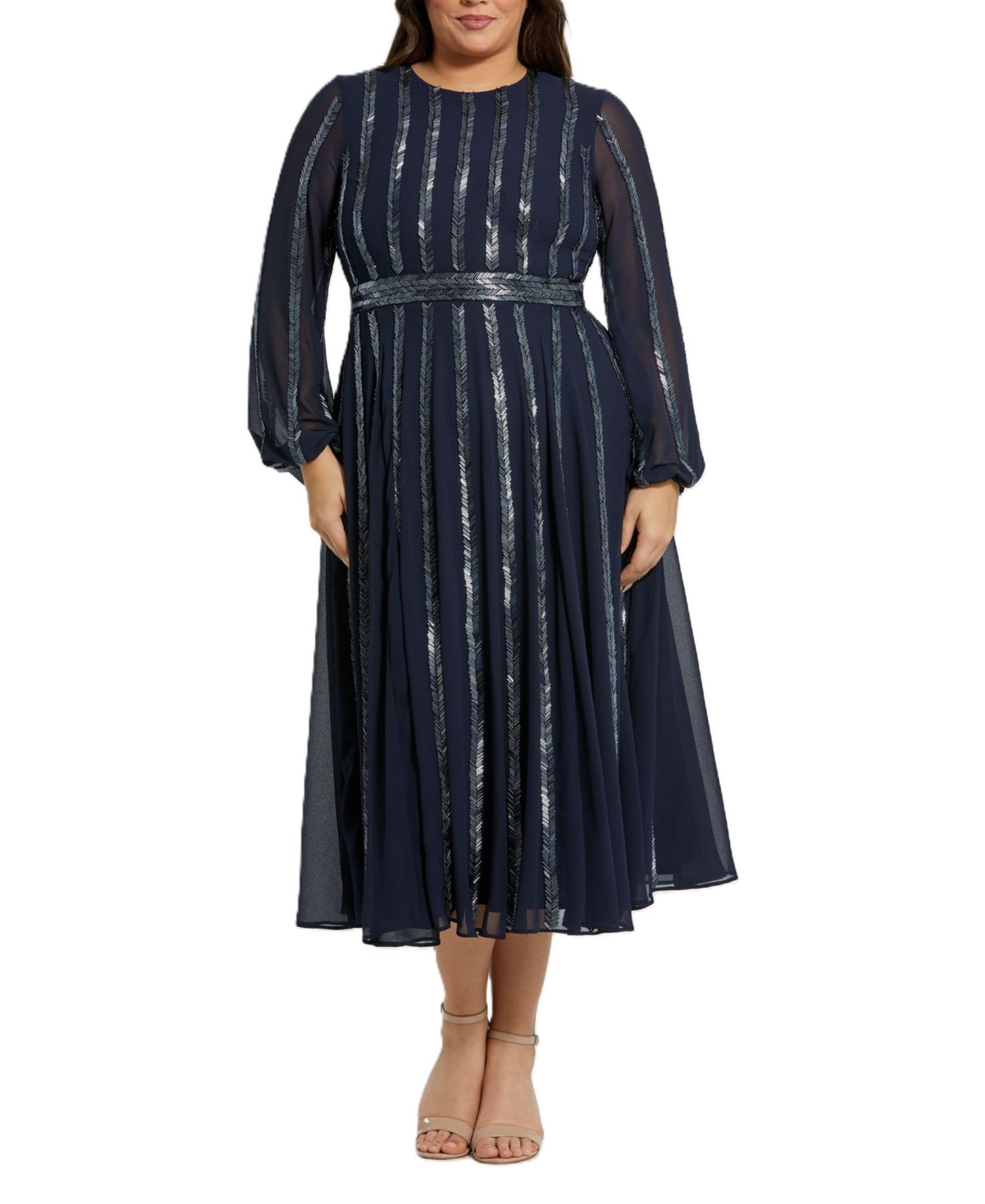 Plus Size Long Sheer Sleeve Beaded Dress