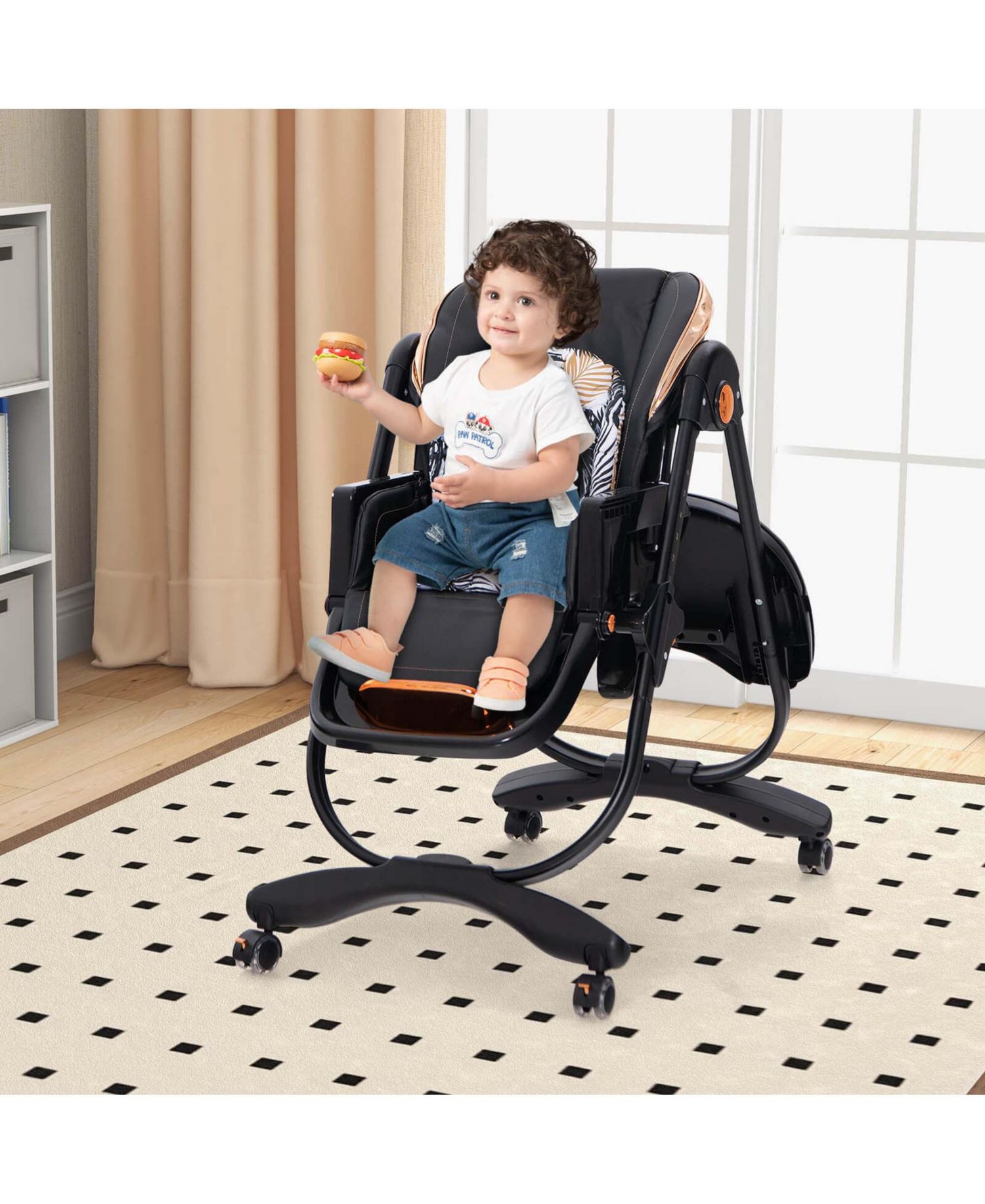 Baby High Chair with Wheel Folding Baby Dining Adjustable Height