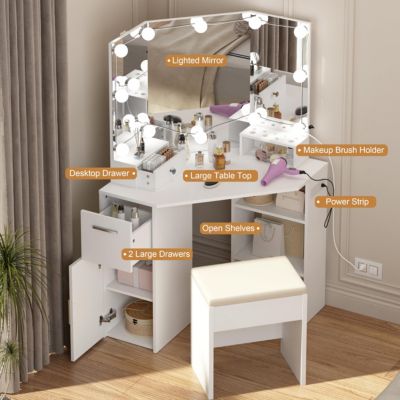 1 PC solid wood Vanity Mirror with Lights and Table Set & Power Outlet Vanity Nightstands