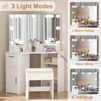 1 PC solid wood Vanity Mirror with Lights and Table Set & Power Outlet Vanity Nightstands
