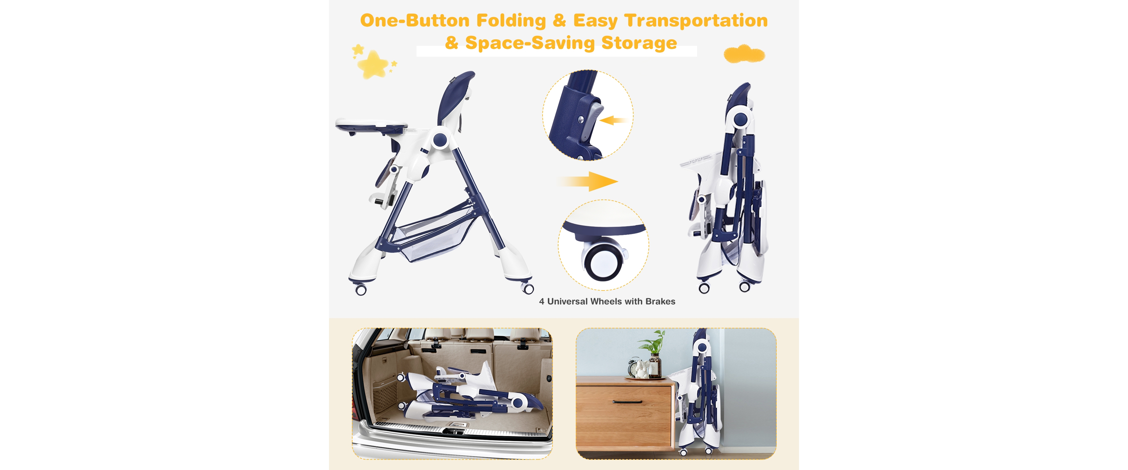 Gouun A-Shaped High Chair with 4 Lockable Wheels