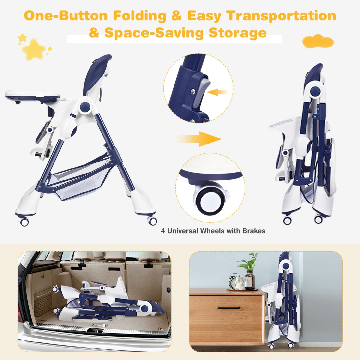 Adjustable Baby High Chair with Lockable Wheels and Tray