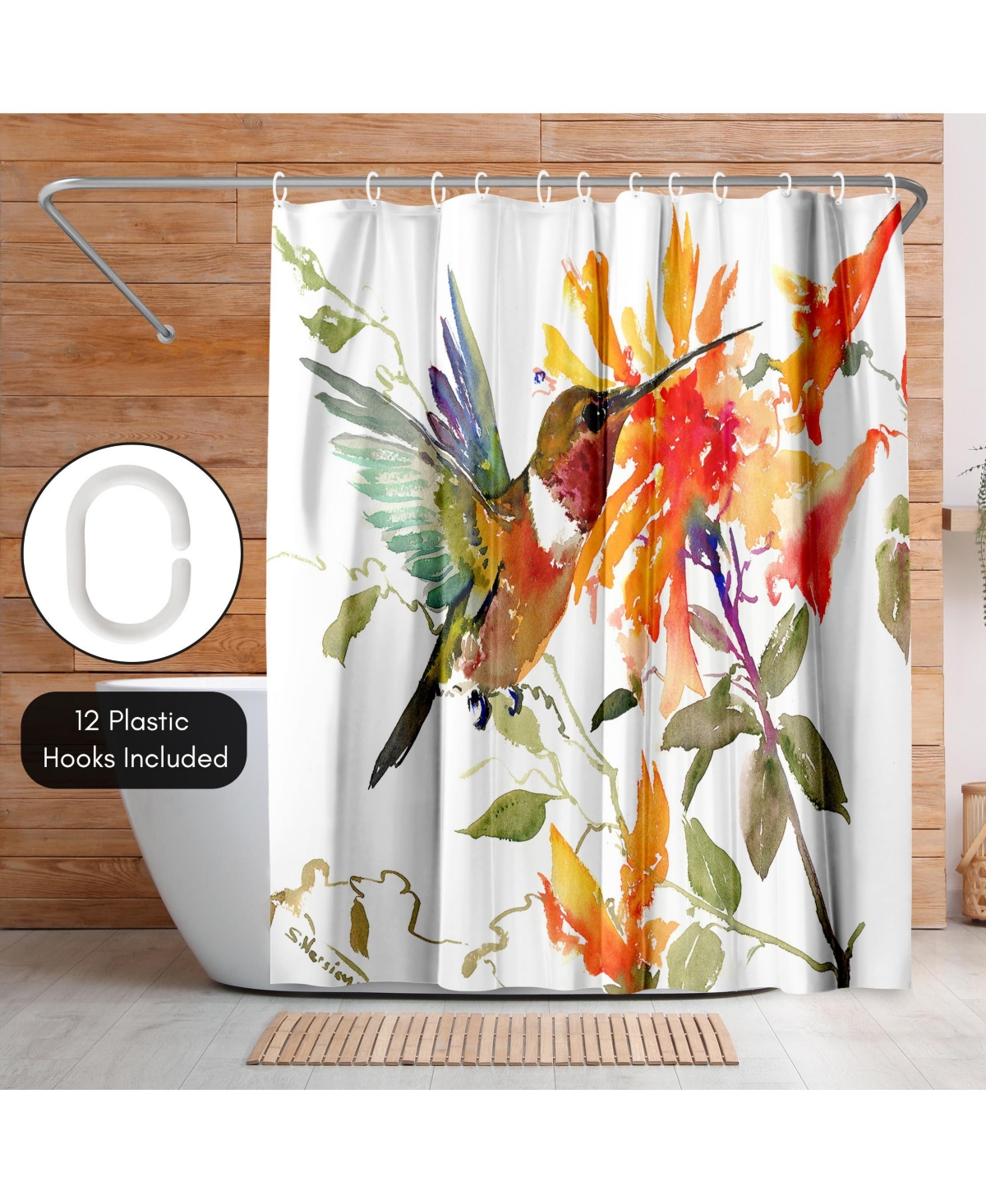 Americanflat Hummingbird and Orange Flowers Shower Curtain - 100% Polyester Shower Curtain