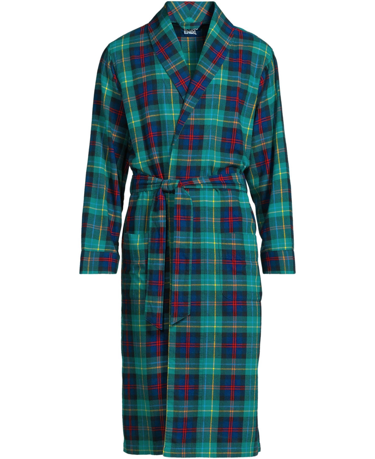 Lands' End Men's Flannel Robe -navy/heritage red plaid
