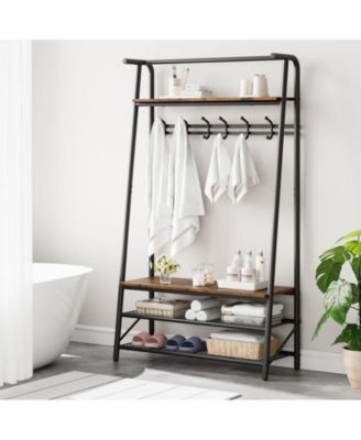 Coat Rack Shoe Bench, 4-in-1 Hall Trees Entryway Bench with Coat Rack and Shoe Rack, Wood Look Accent Furniture Hanging Bar