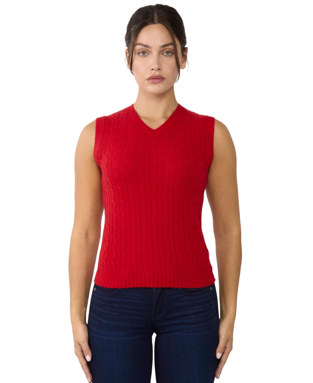 Jennie Liu Women's 100% Cashmere V Neck Cable-knit Sweater Vest