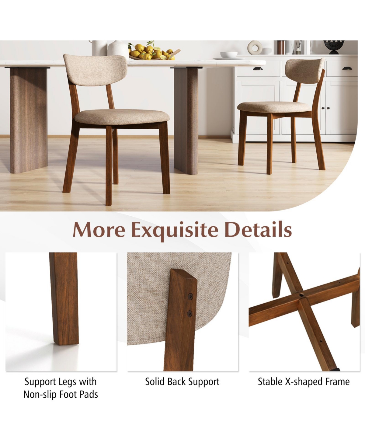 Gouun Dining Chairs Set of 2 Upholstered Mid-Back with Solid Rubber Wood Frame