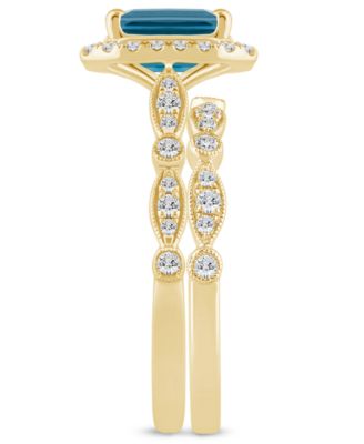 London Blue Topaz (2 ct. t.w.) & Diamond (1/2 ct. t.w.) Halo Bridal Set in 14k Gold