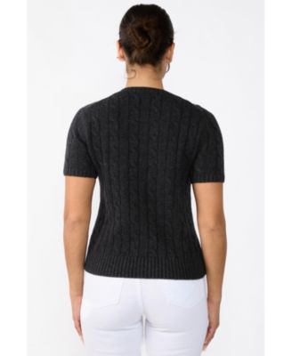 Women's 70% Wool 30% Cashmere Chuncky Cable-knit Crewneck Short Sleeve Sweater
