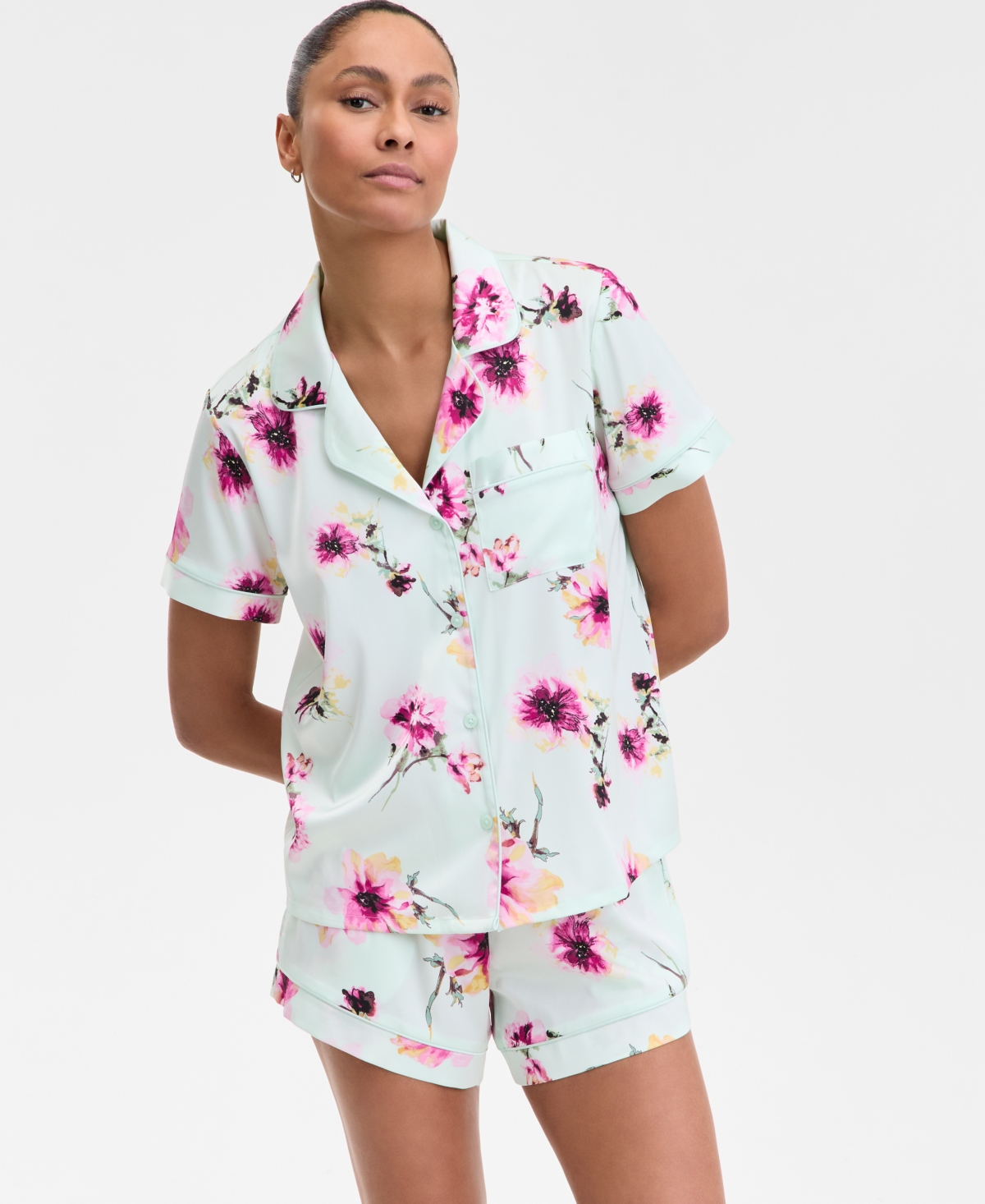 I.n.c International Concepts Women's Stretch Satin Short-Sleeve Pajama Set, Exclusively at Macy's - Juicy Pink