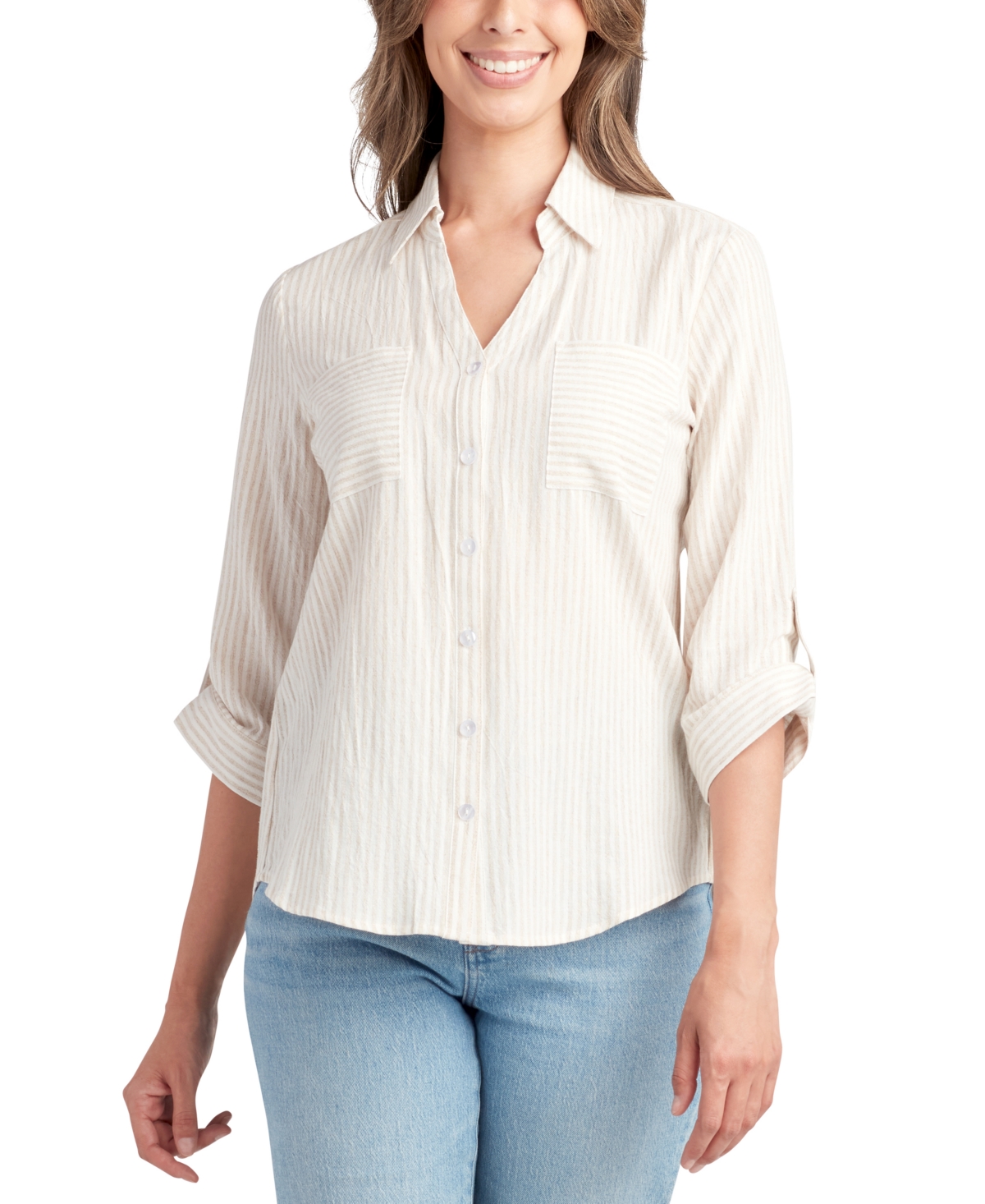 BCX JUNIORS' STRIPED COLLARED ROLL-TAB-SLEEVE SHIRT 
