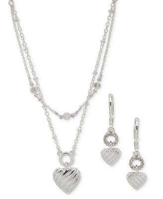 Anne Klein - Silver-Tone 2-Pc. Set Textured Heart Layered Necklace & Matching Drop Earrings
