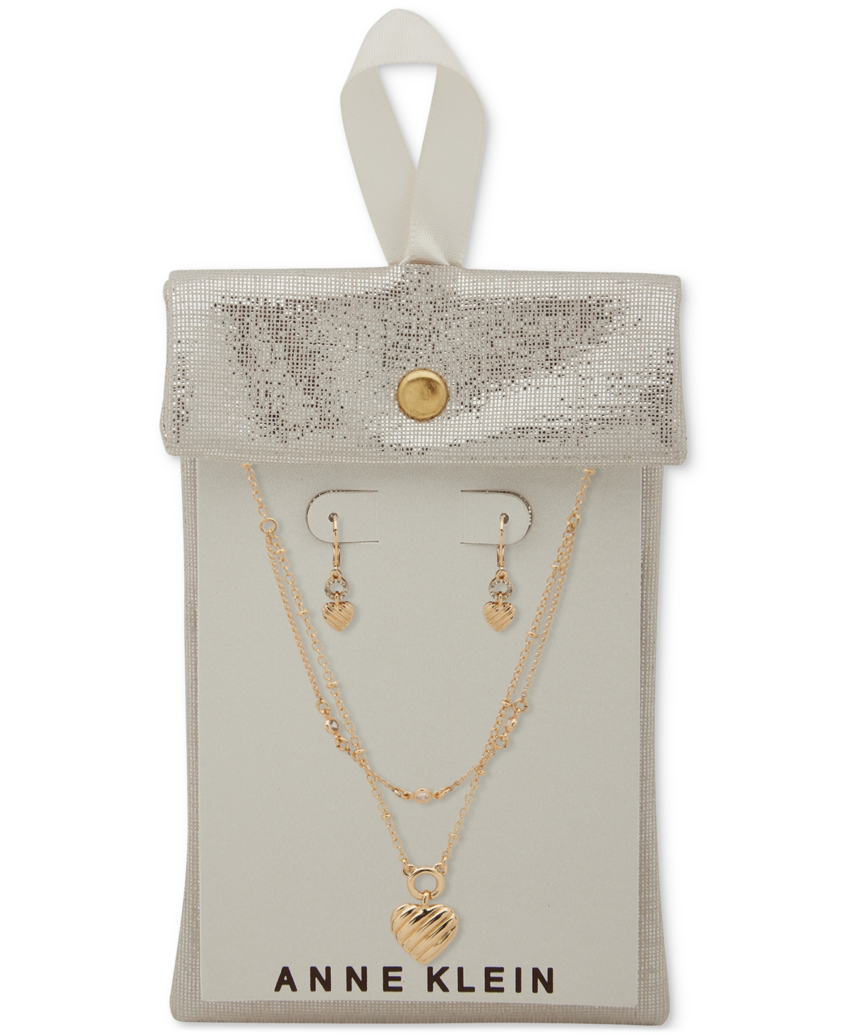 Anne Klein Gold-tone 2-pc. Set Textured Heart Layered Necklace & Matching Drop Earrings In Crystal
