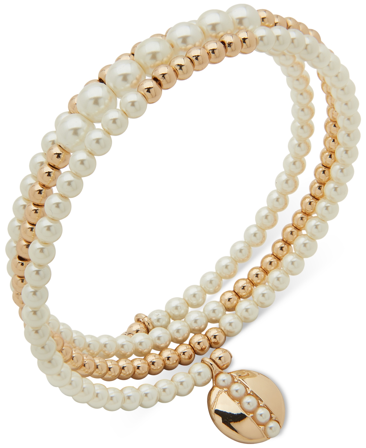 ANNE KLEIN GOLD-TONE & IMITATION PEARL DISC CHARM BEADED COIL BRACELET