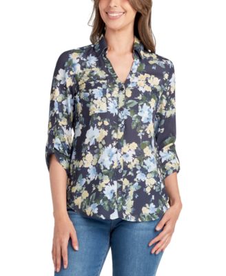 BCX - Juniors' Floral-Print Roll-Tab-Sleeve Collar Top