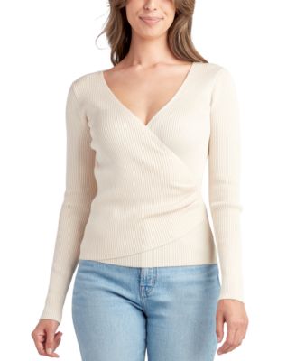 BCX - Juniors' Ribbed Faux-Wrap Long-Sleeve Sweater