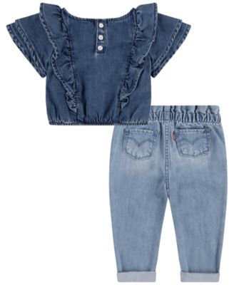 Baby Girls Denim Top and Heart Pants, 2-Piece Set