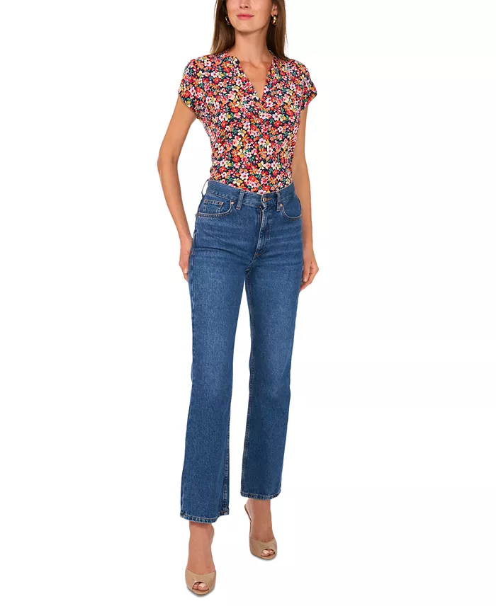 Women's Floral-Print Split-Neck Cap-Sleeve Top - thumbnail 3