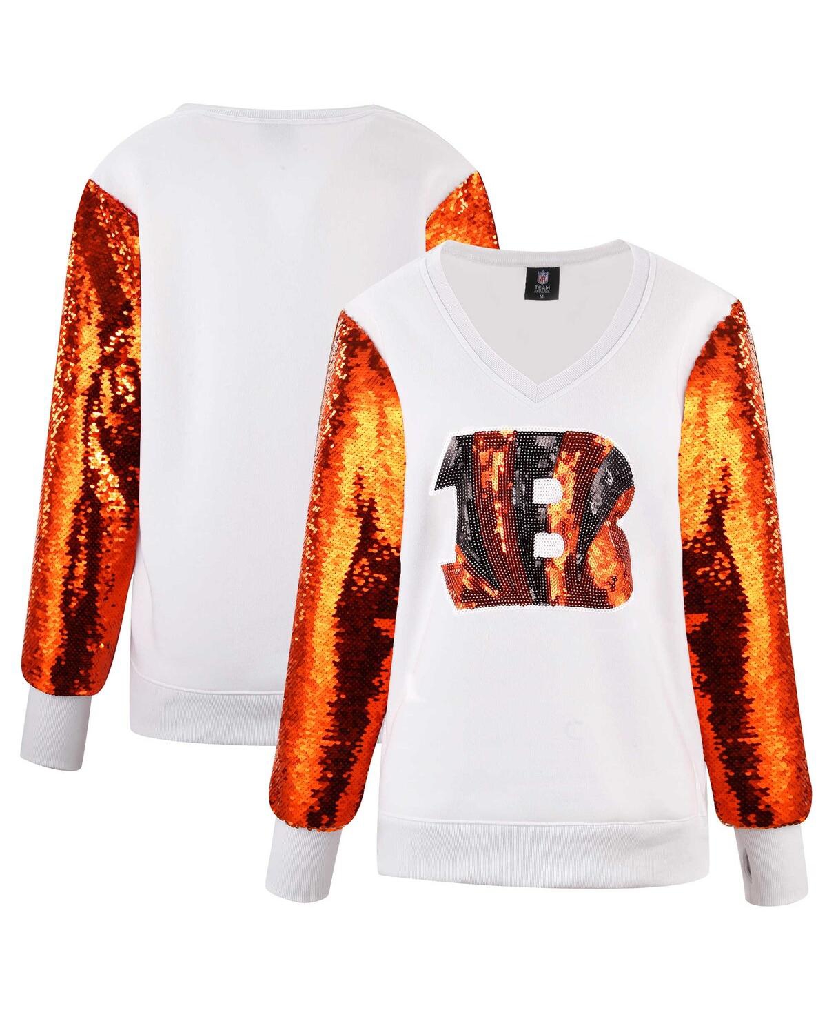 Women's White Cincinnati Bengals Sequin Sleeve V-Neck Pullover Sweatshirt - White, Orange