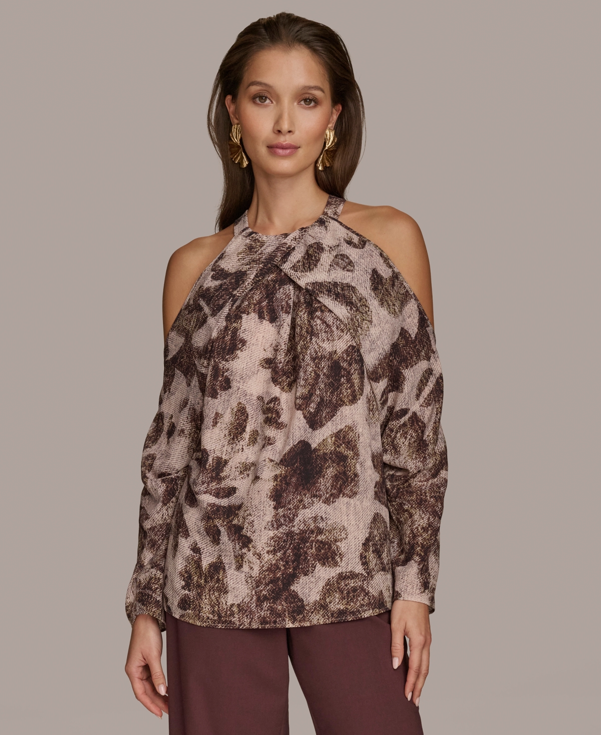 Donna Karan New York Women's Long Sleeve Printed Cold-Shoulder Top