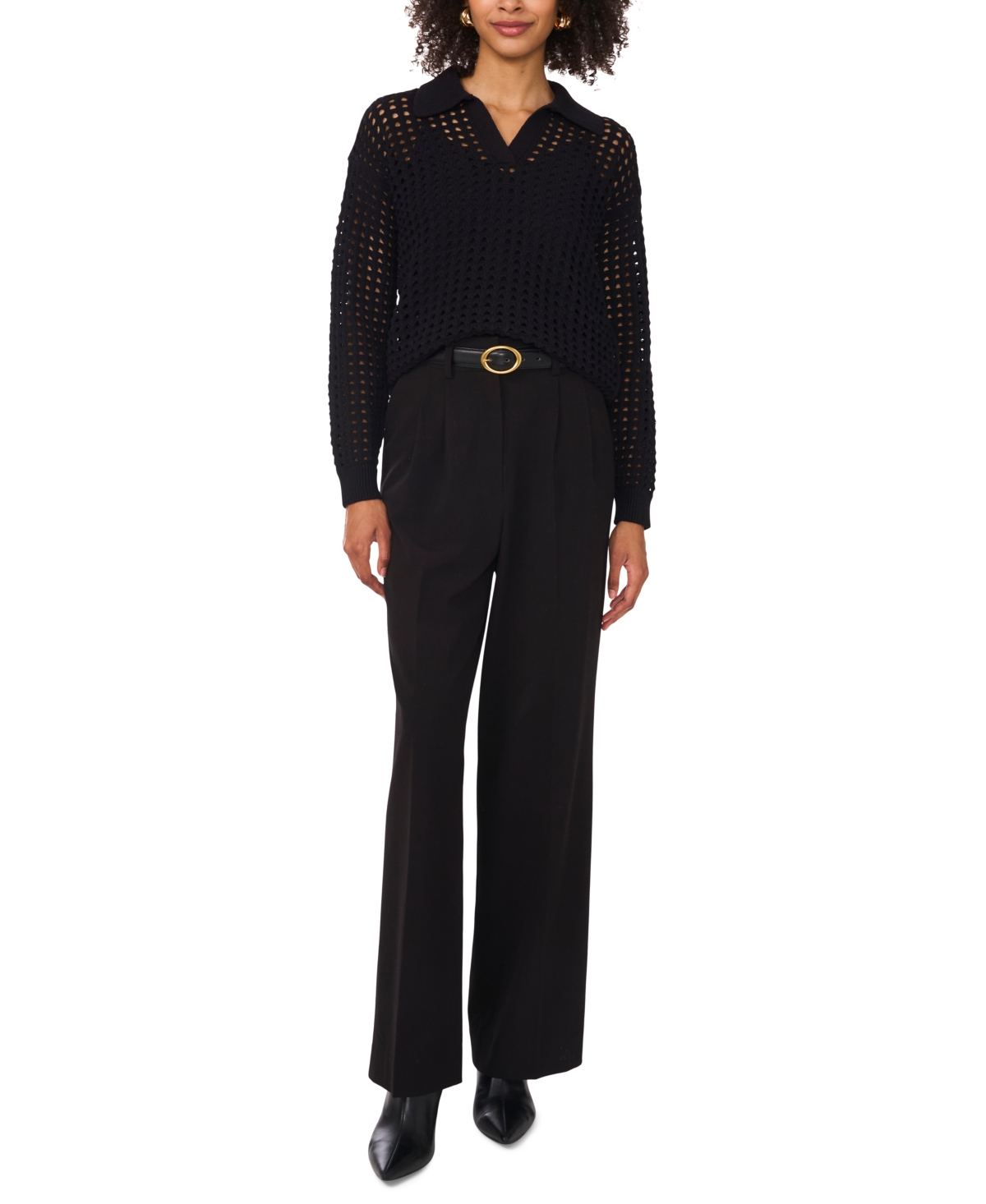 Vince Camuto Johnny Collar Mesh Stitch Sweater In Rich Black