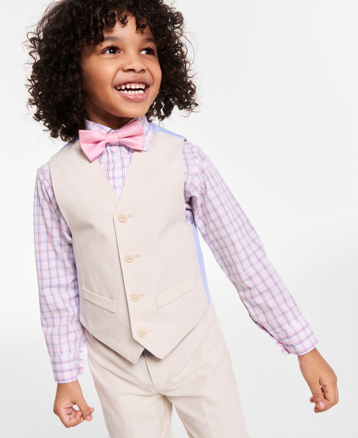 Shop Nautica Toddler & Little Boys Vest, Bow Tie, Plaid Shirt & Pants, 4 Piece Set In Khaki