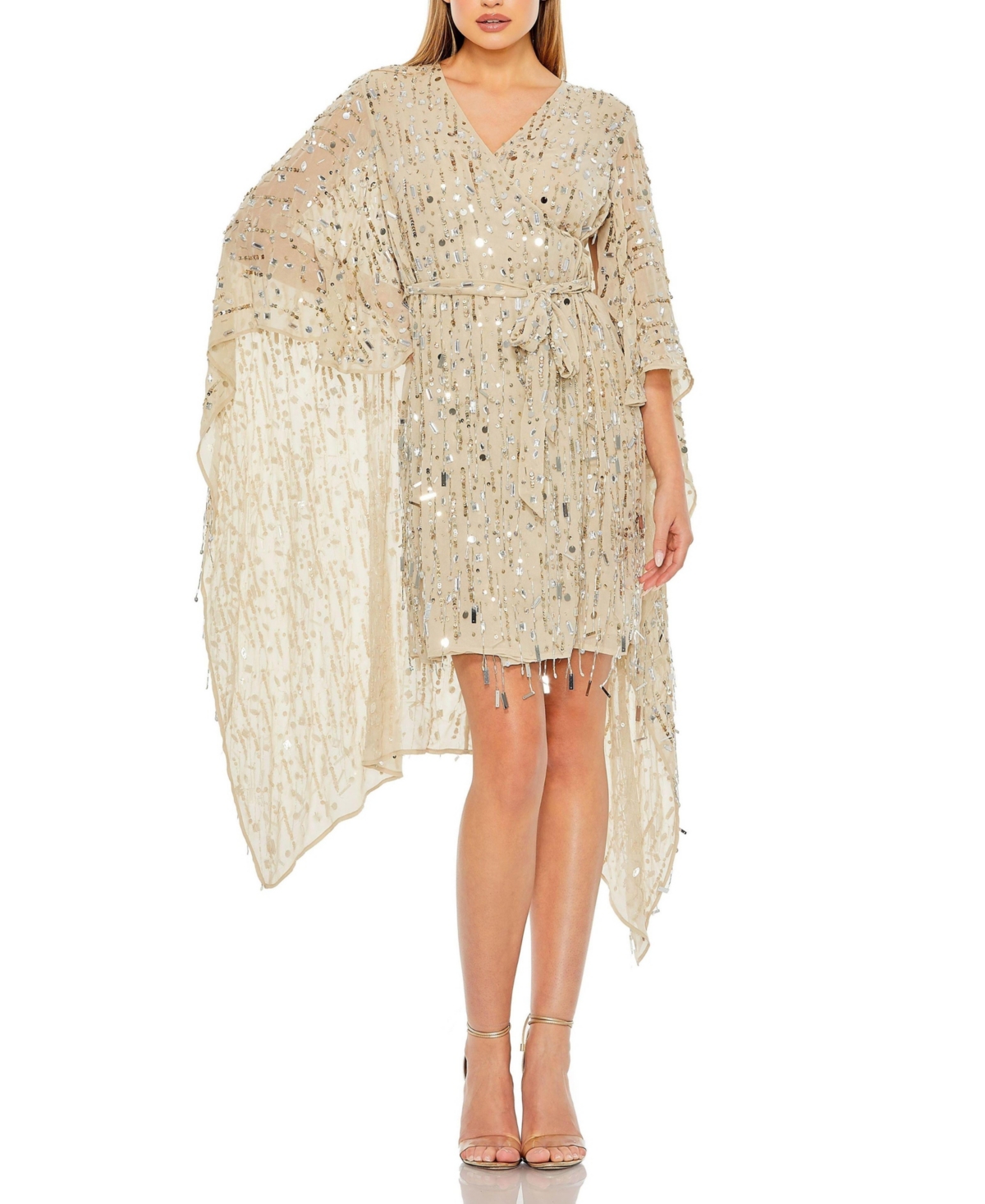 Mac Duggal Women's Cape Back Fringe Beaded Robe Dress