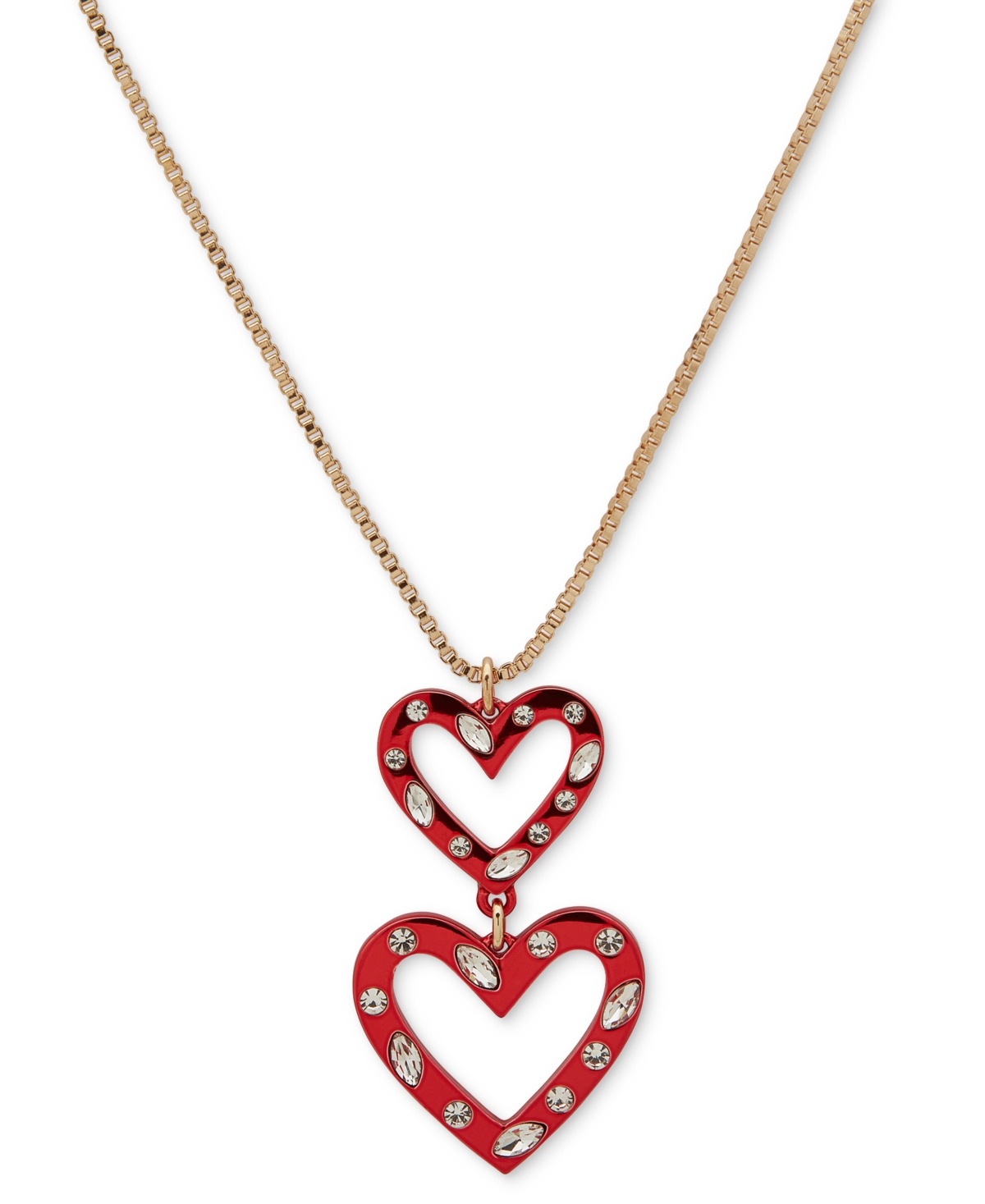 Karl Lagerfeld Gold-tone Mixed Crystal Double Red Heart 36" Adjustable Pendant Necklace In Red