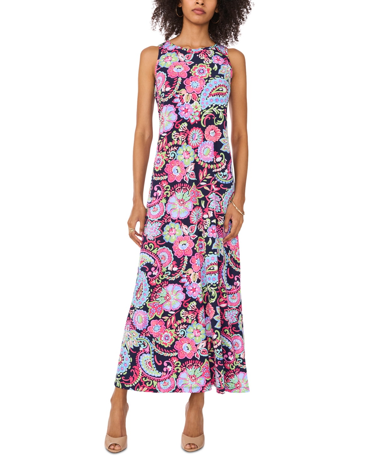 Shop Vince Camuto Women's Floral Sleeveless Keyhole-back Crewneck Maxi Dress In Classic Navy