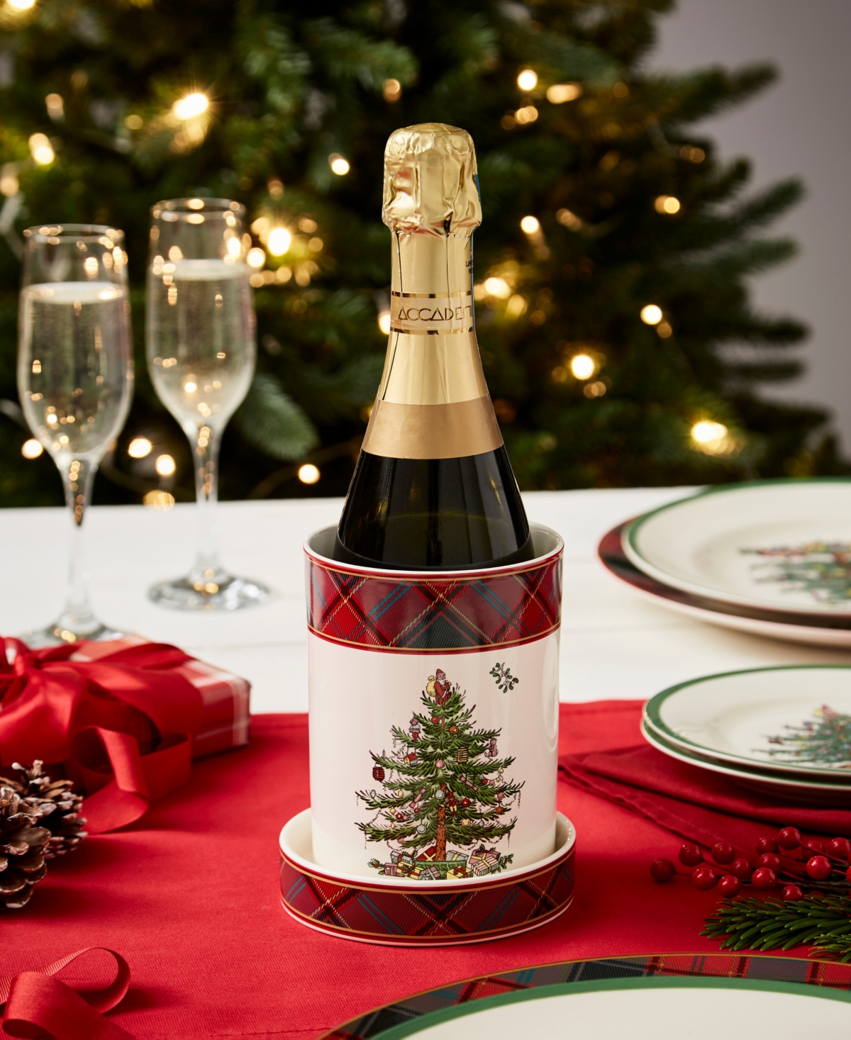 Spode Christmas Tree Tartan Wine Chiller Coaster Set In Green