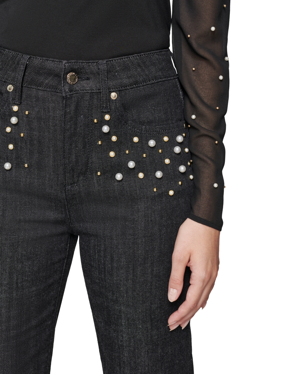 Karl Lagerfeld Paris Women's Faux-Pearl-Embellished Straight-Leg Jeans