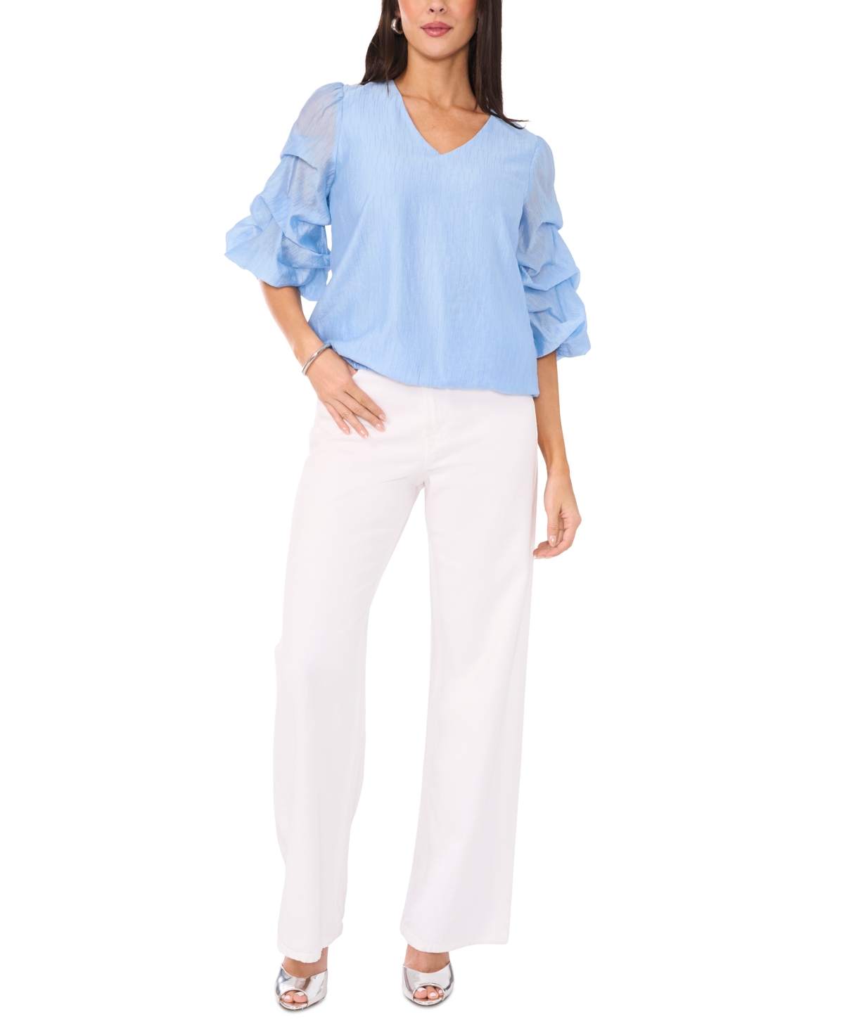 Vince Camuto Women's Textured V-Neck Bubble-Sleeve Top