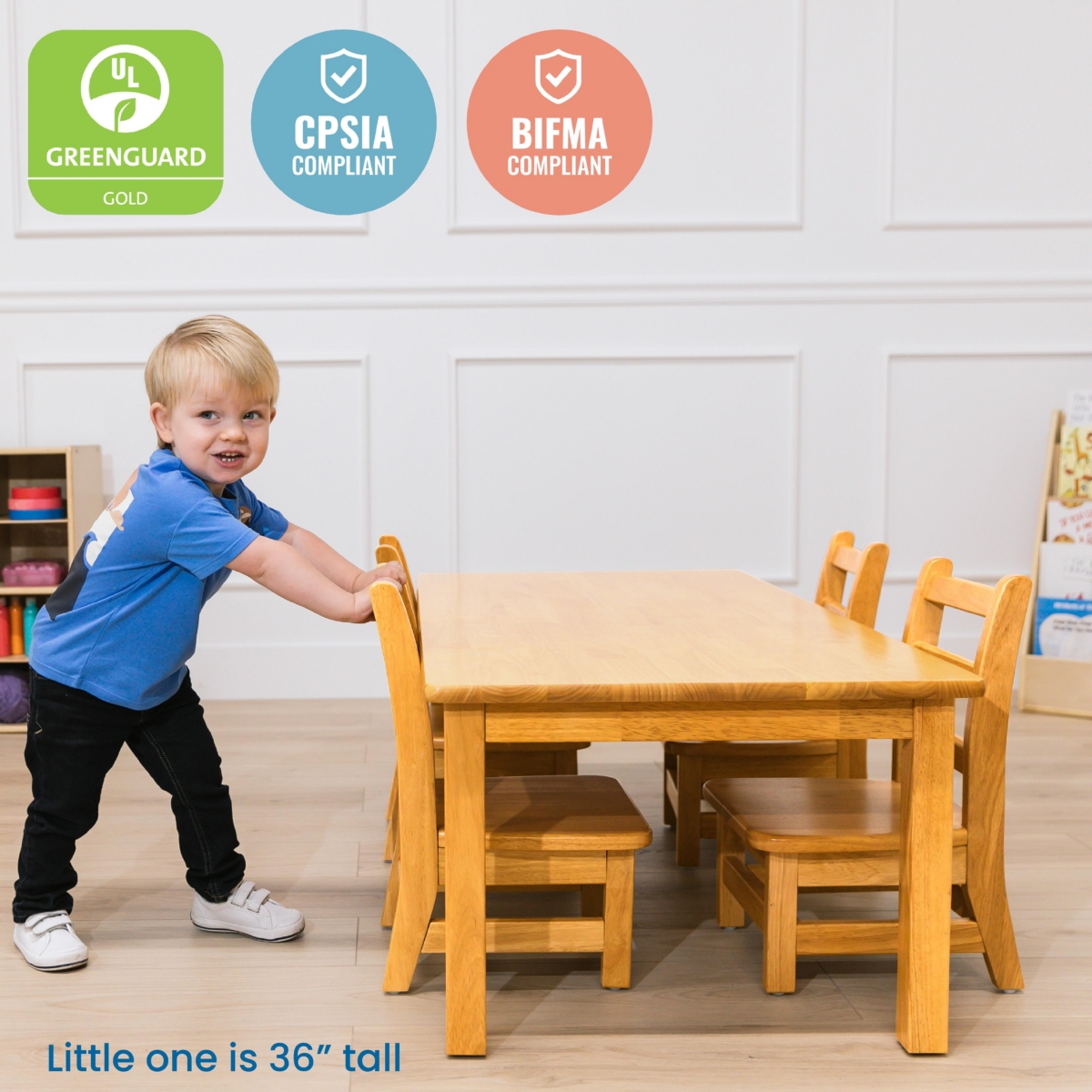 ECR4Kids 24in x 48in Rectangular Hardwood Table with 16in Legs and Four 8in Chairs,- Honey