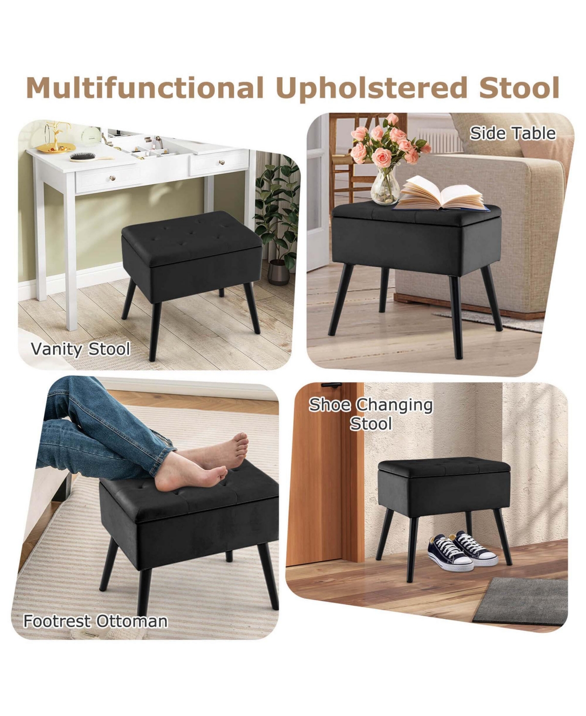 Costway 2 Pcs Velvet Vanity Stool Ottoman with Storage Solid Wood Legs Flip-Up Top